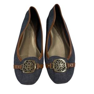 Christian Siriano Denim Ballet Flats Women 7.5W Gold Medallion Slip On Chambray